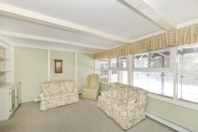 living area with carpet, beam ceiling, and a baseboard radiator