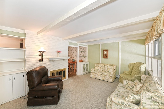 living room with a brick fireplace, baseboard heating, carpet floors, and beamed ceiling