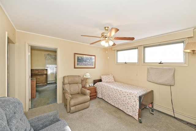 bedroom with ceiling fan and light colored carpet