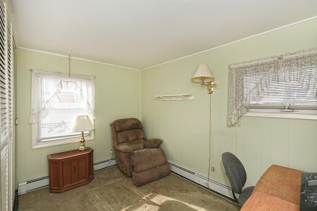 carpeted home office featuring a baseboard heating unit