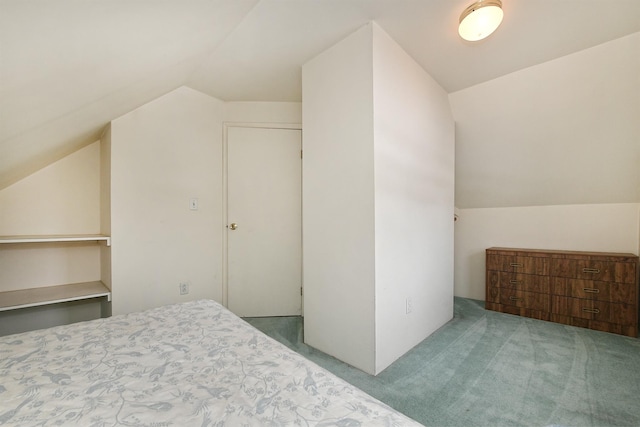 carpeted bedroom featuring a closet and lofted ceiling