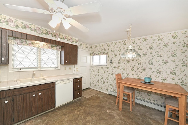 kitchen with tile countertops, a healthy amount of sunlight, dishwasher, dark brown cabinetry, and sink