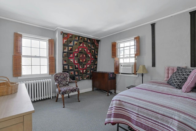 carpeted bedroom with cooling unit, radiator, and ornamental molding