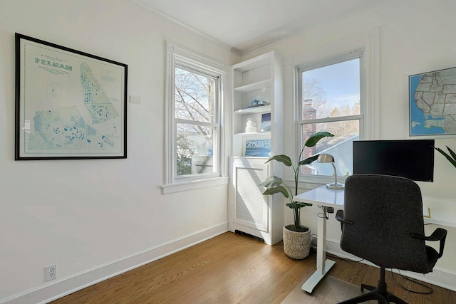 office area featuring baseboards, a healthy amount of sunlight, and wood finished floors