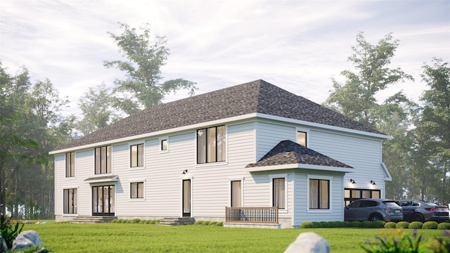 back of property featuring entry steps, a yard, and a shingled roof