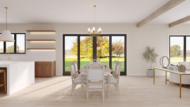 dining room featuring baseboards, a notable chandelier, beamed ceiling, and light wood finished floors