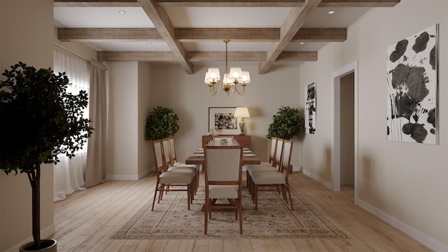 dining space featuring light wood-style floors, baseboards, coffered ceiling, and beamed ceiling