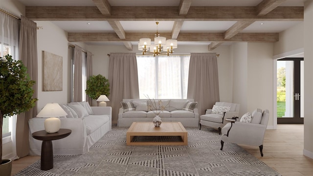 living area with a chandelier, light wood-type flooring, a healthy amount of sunlight, and coffered ceiling