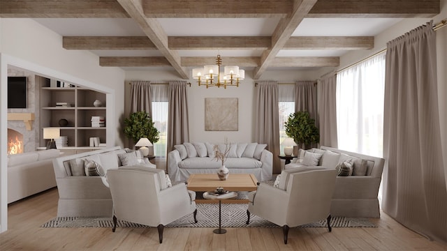 sitting room with an inviting chandelier, light wood-style floors, a warm lit fireplace, coffered ceiling, and beamed ceiling