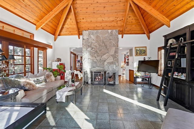 living room featuring wooden ceiling, beam ceiling, and high vaulted ceiling