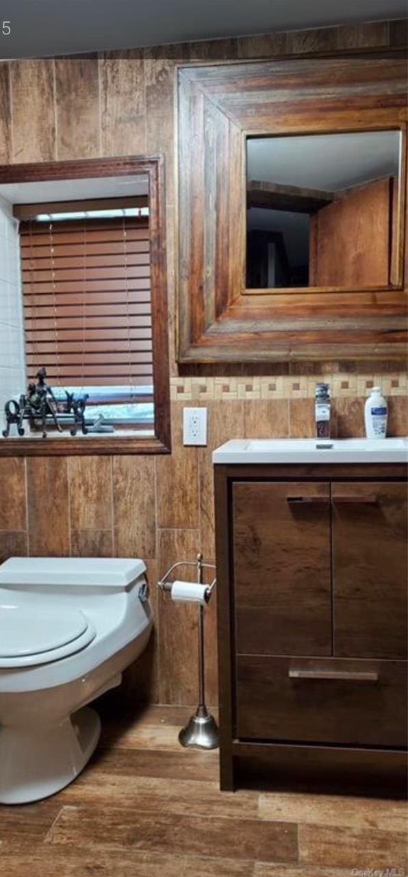 bathroom with vanity, wood walls, and toilet