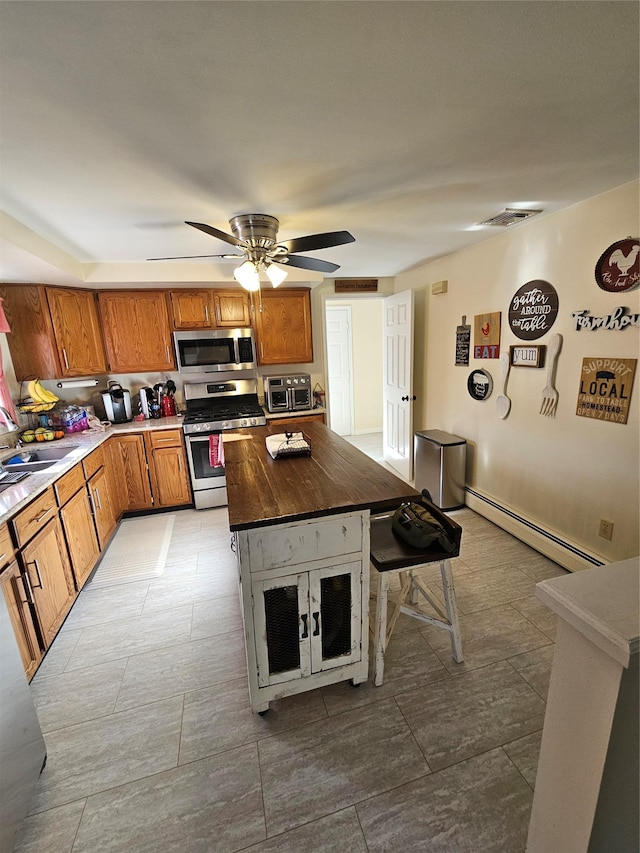 kitchen featuring appliances with stainless steel finishes, ceiling fan, sink, a baseboard radiator, and butcher block countertops