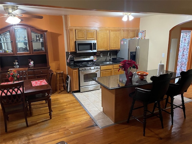 kitchen with ceiling fan, light wood-type flooring, sink, and appliances with stainless steel finishes