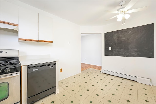 kitchen featuring a baseboard heating unit, white cabinets, ceiling fan, black dishwasher, and gas stove