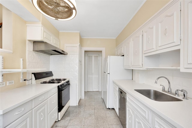 kitchen featuring backsplash, stainless steel dishwasher, sink, gas range oven, and white cabinets