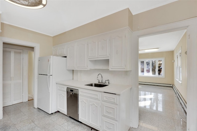 kitchen featuring sink, baseboard heating, white cabinets, and dishwasher