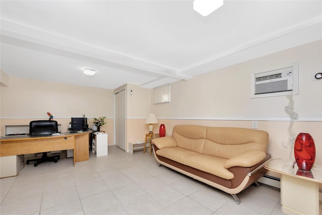 office area with beam ceiling, a baseboard heating unit, and a wall mounted air conditioner