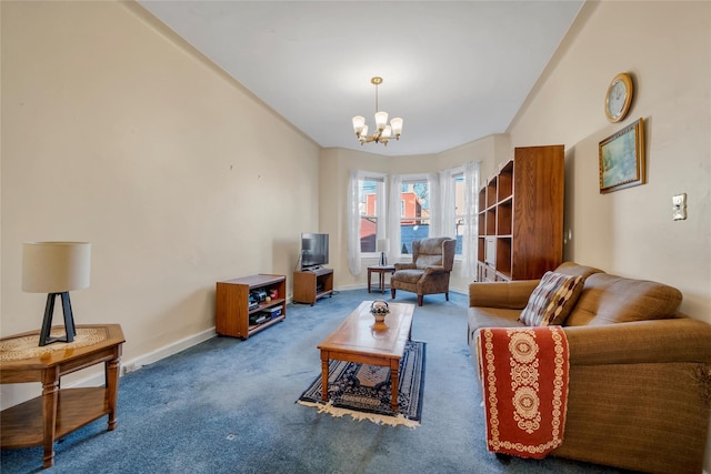 carpeted living room with a chandelier