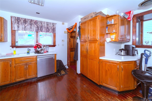 kitchen with stainless steel dishwasher, dark hardwood / wood-style floors, and sink