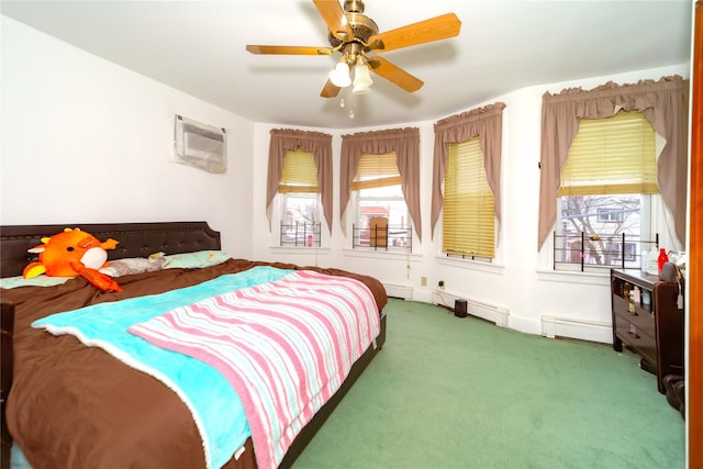 carpeted bedroom featuring an AC wall unit, ceiling fan, and baseboard heating