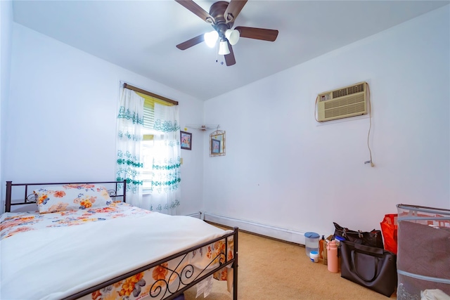 carpeted bedroom featuring a wall mounted air conditioner, ceiling fan, and baseboard heating