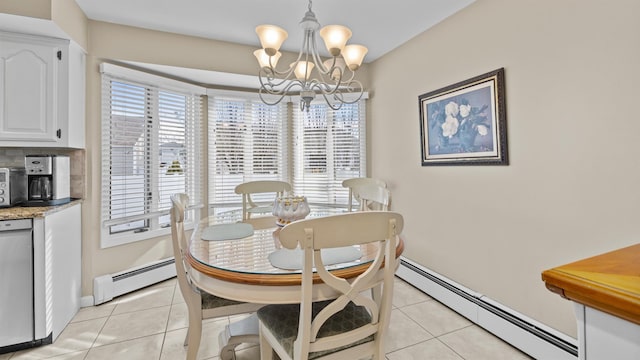 dining room featuring light tile patterned floors, a baseboard radiator, and a notable chandelier