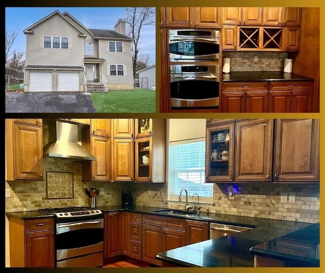 kitchen with tasteful backsplash, sink, stainless steel appliances, and wall chimney range hood