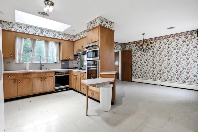 kitchen with a skylight, sink, hanging light fixtures, a notable chandelier, and appliances with stainless steel finishes