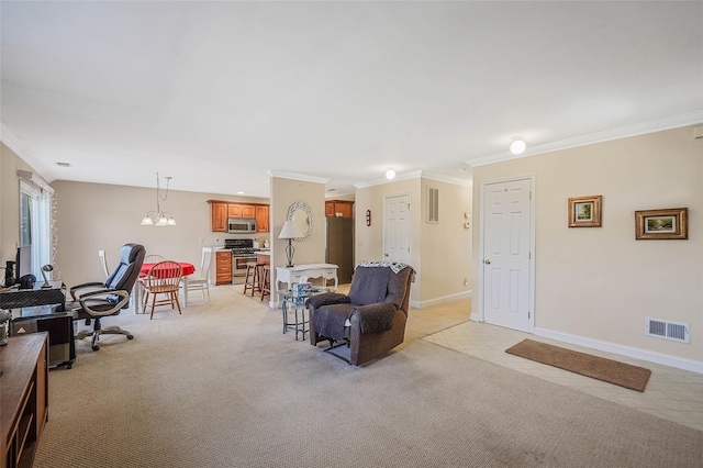 living room with crown molding, light colored carpet, and an inviting chandelier