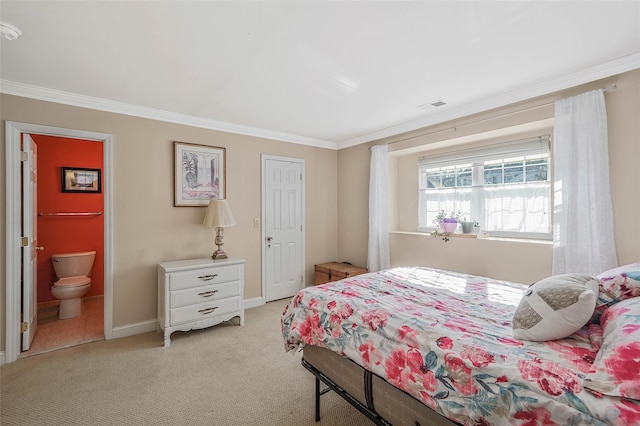 bedroom featuring connected bathroom, light carpet, and ornamental molding