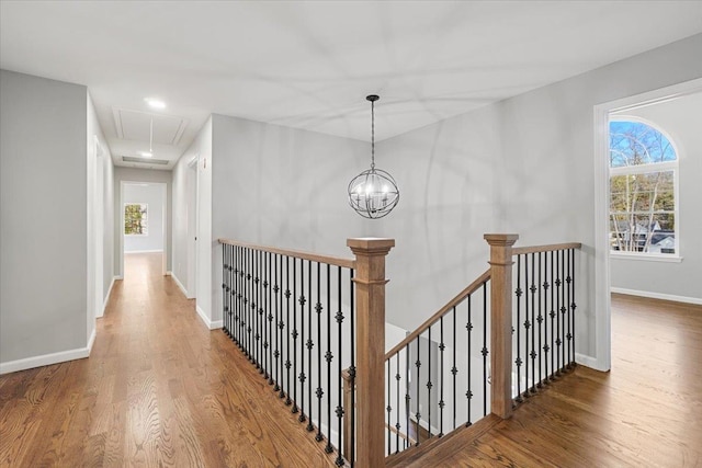 hallway featuring a chandelier and hardwood / wood-style flooring