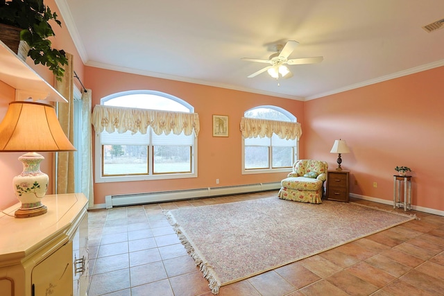 unfurnished room with a baseboard radiator, ceiling fan, and ornamental molding