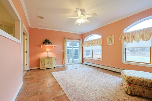 living area with light tile patterned floors, baseboard heating, crown molding, and ceiling fan