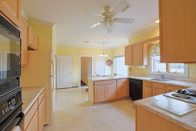 kitchen with kitchen peninsula, light brown cabinets, sink, and black appliances