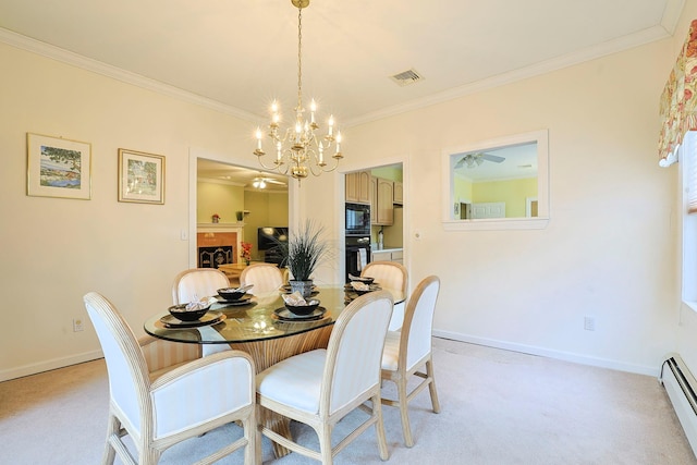 carpeted dining space featuring a chandelier, crown molding, and a baseboard heating unit