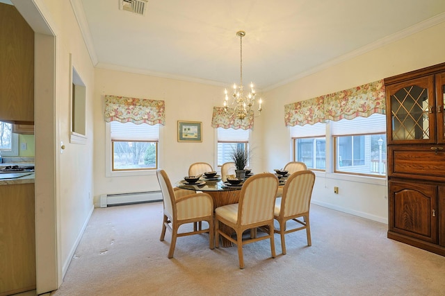 dining room featuring crown molding, baseboard heating, light carpet, and a chandelier