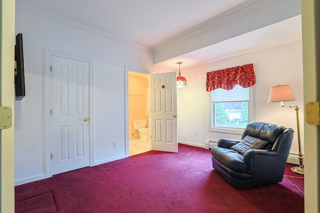 sitting room featuring carpet flooring, baseboard heating, and ornamental molding