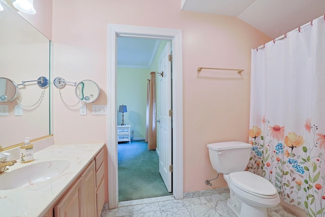 bathroom with vanity, toilet, ornamental molding, and lofted ceiling