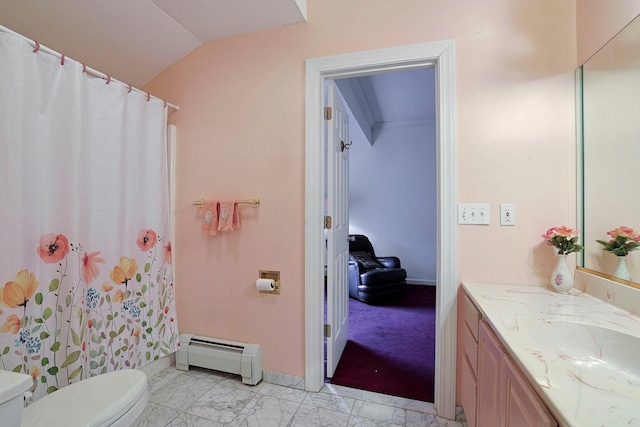 bathroom featuring vanity, vaulted ceiling, toilet, and a baseboard radiator