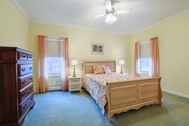 carpeted bedroom with ceiling fan, crown molding, and a baseboard radiator