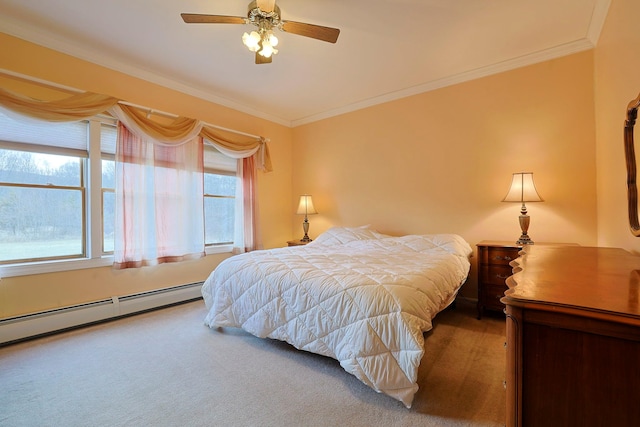 bedroom featuring multiple windows, ceiling fan, ornamental molding, and a baseboard heating unit