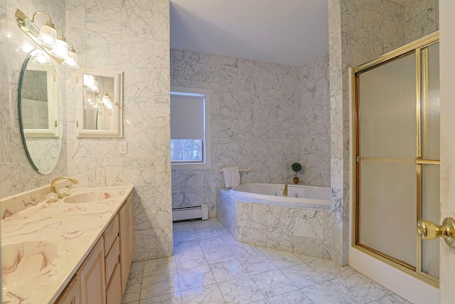 bathroom with vanity, separate shower and tub, and a baseboard heating unit