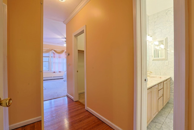 corridor with a baseboard radiator, light hardwood / wood-style flooring, and ornamental molding