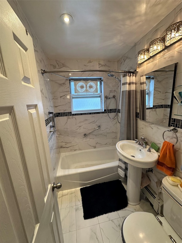 bathroom featuring a baseboard heating unit, shower / bath combination with curtain, and toilet