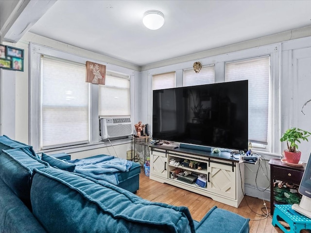 living room featuring plenty of natural light, cooling unit, and hardwood / wood-style floors