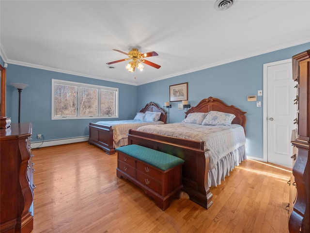 11 Balanchine Ct, Airmont, NY 10952 - bedroom featuring a baseboard radiator, light wood-style floors, baseboards, ornamental molding, and ceiling fan