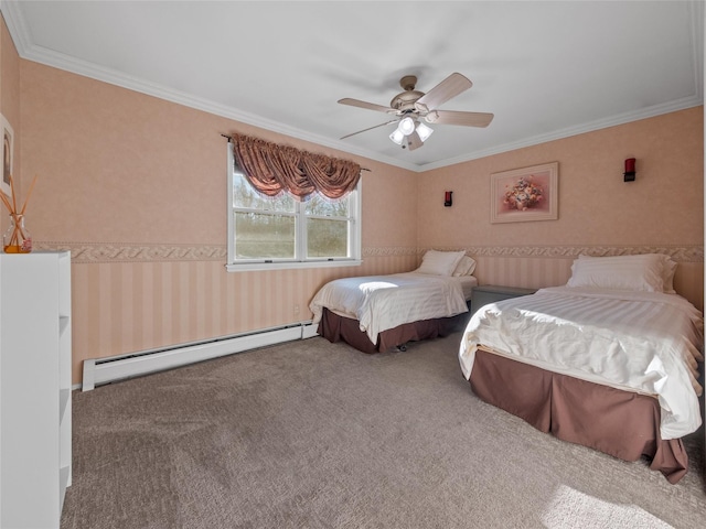 11 Balanchine Ct, Airmont, NY 10952 - bedroom featuring a baseboard heating unit, carpet, ornamental molding, wallpapered walls, and ceiling fan