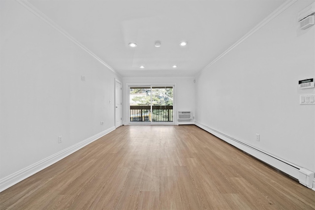 unfurnished living room with light hardwood / wood-style floors, crown molding, a wall unit AC, and a baseboard radiator