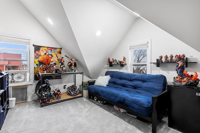 carpeted bedroom featuring lofted ceiling and multiple windows