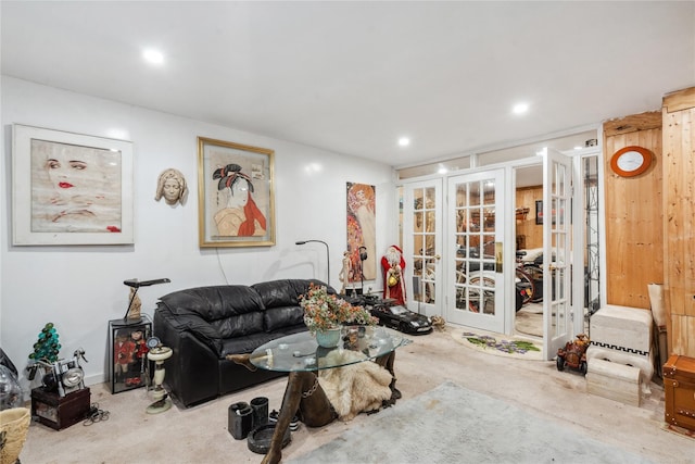 living room featuring wooden walls